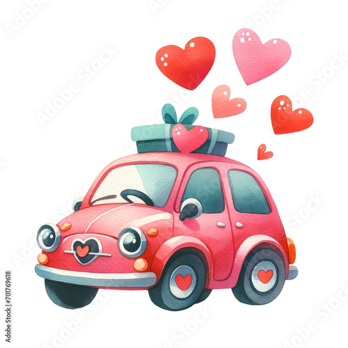 Watercolor romantic car. Car with hearts. Valentine's Day element. Watercolor valentine's illustration.