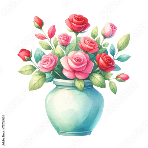 Watercolor romantic vase. Vase with roses. Valentine's Day element. Watercolor valentine's illustration. © Moopingz