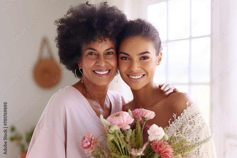 Warm portrait of a smiling mother and daughter with flowers.