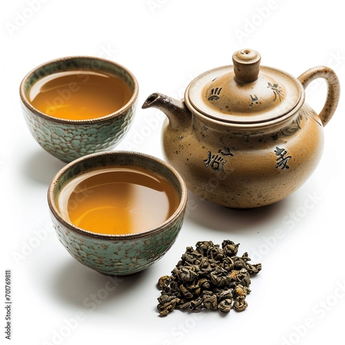 Tea pot, tea leaves, and tea cups