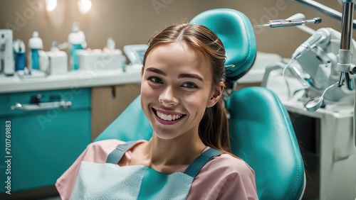 A girl smiles in the dentist's office