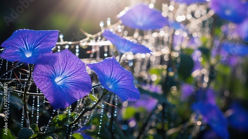 A close-up of dew-kissed spider webs among the morning glory vines, showcasing the intricate beauty of nature.