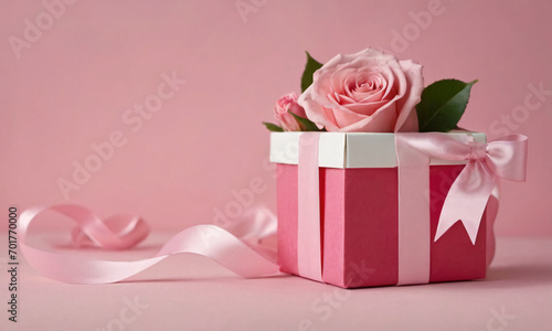 Pink rose in a pink gift box with a pink ribbon