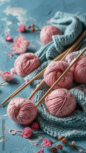 Pink yarn with knitting needles.