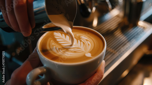 A barista carefully crafts latte art in a coffee cup, the foam forming a delicate pattern.