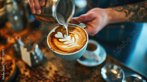 A barista carefully crafts latte art in a coffee cup, the foam forming a delicate pattern.