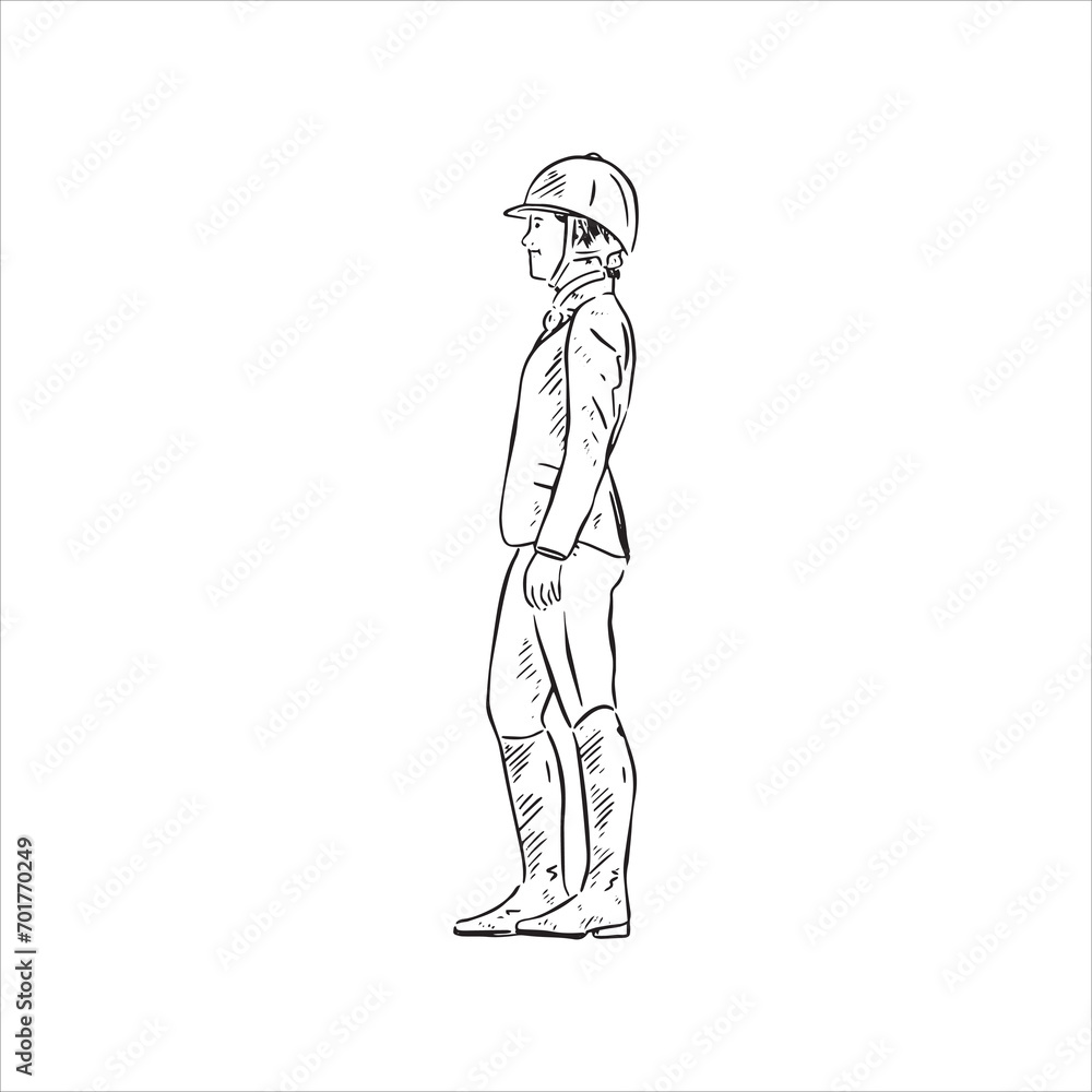 A line drawn side profile illustration of a lady wearing classic horse riding gear. A black and white line drawn illustration and digitally recreated and vectorised. 