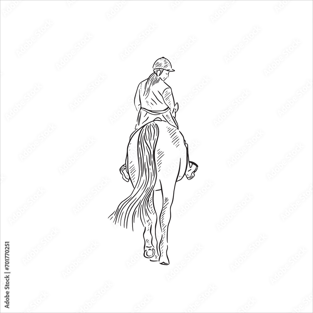 Obraz premium A line drawn illustrative sketch of a back view of a lady riding a horse. A black and white hand drawn sketched vector.