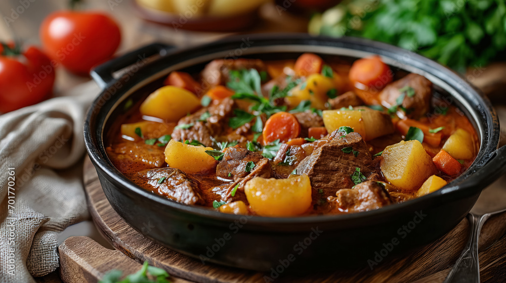 Stew in pot with hearty vegetables. Stew in pot with hearty vegetables.