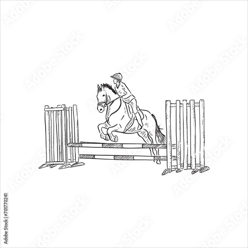A line drawn black and white illustration of a horse jumping over a low horse jump. Drawn by hand in black and white and vectorised. 