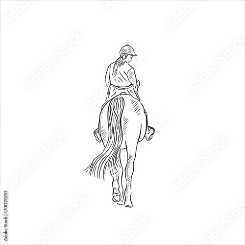 A line drawn illustrative sketch of a back view of a lady riding a horse. A black and white hand drawn sketched vector.