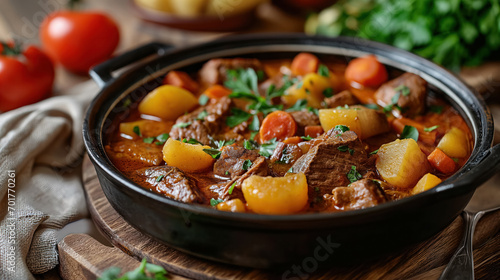 Stew in pot with hearty vegetables.