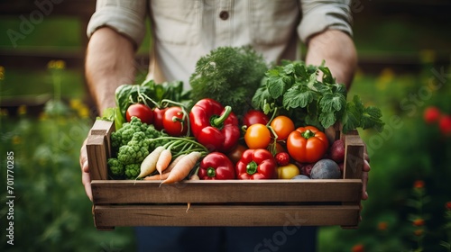 A male gardener is in possession of a wooden crate filled with fresh vegetables.