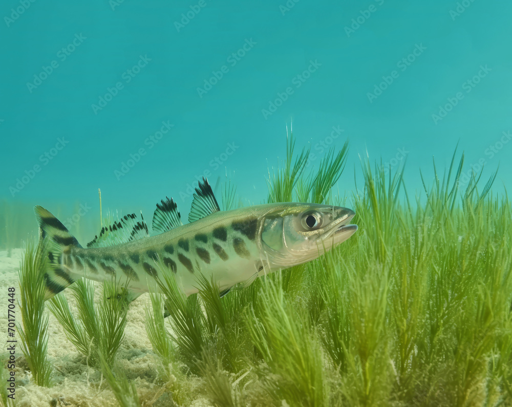 A small, ancient fish swims through grass in a pond, captured in a scientific illustration.