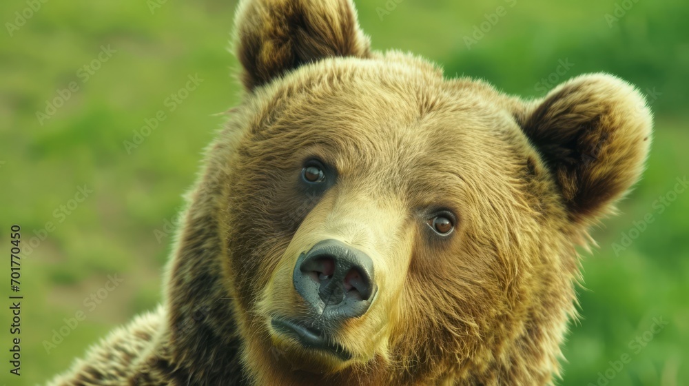 Fototapeta premium A brown bear, with a resplendent and proud bearing, is captured in a portrait, displaying its realistic brown fur.