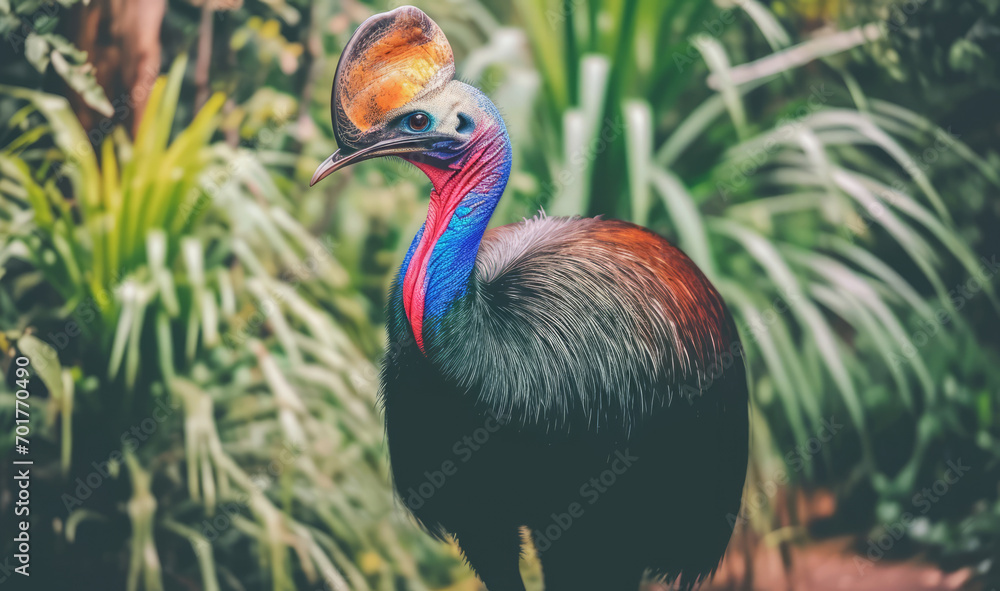 Fototapeta premium A rare, colorful bird with a long crown of feathers is captured in a surrealistic wildlife photograph in the jungle.