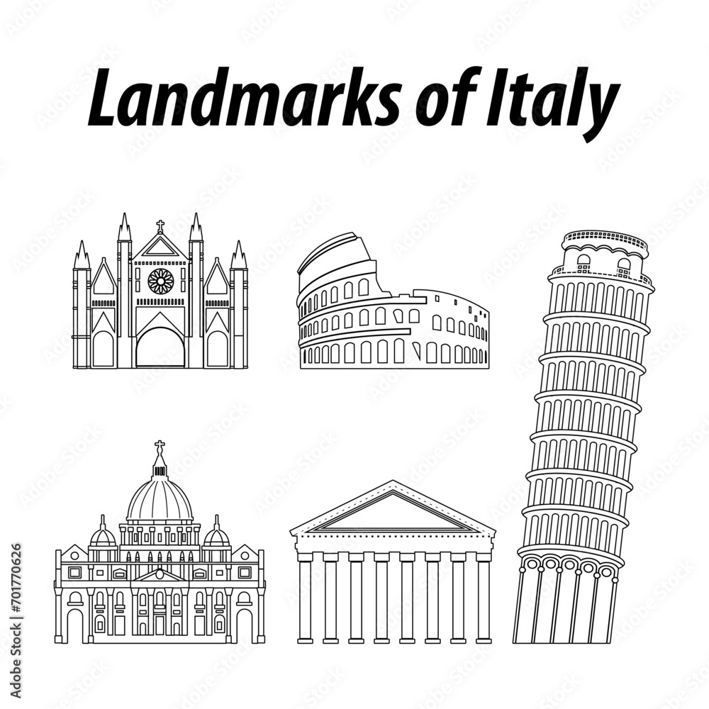 Bundle of Italy famous landmarks by silhouette outline style,vector illustration