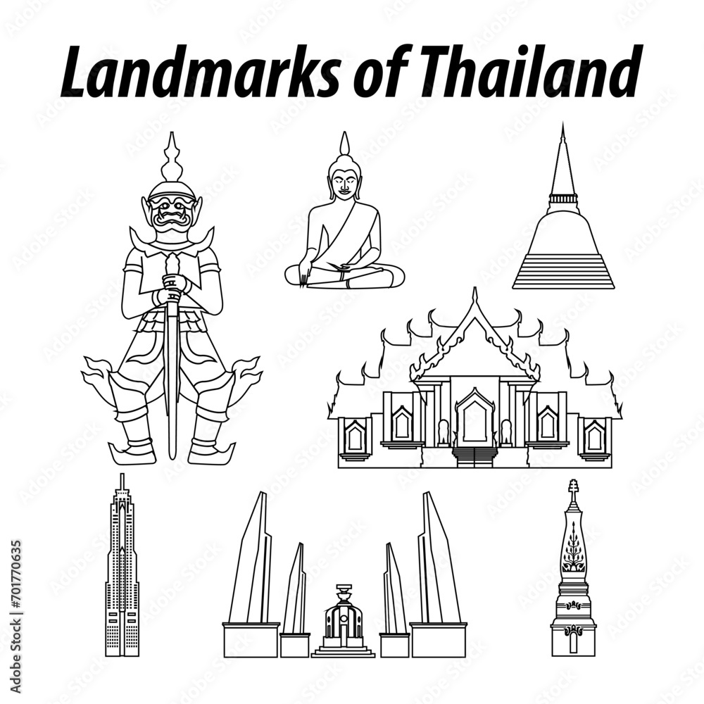 Fototapeta premium Bundle of Thailand famous landmarks by silhouette outline style,vector illustration