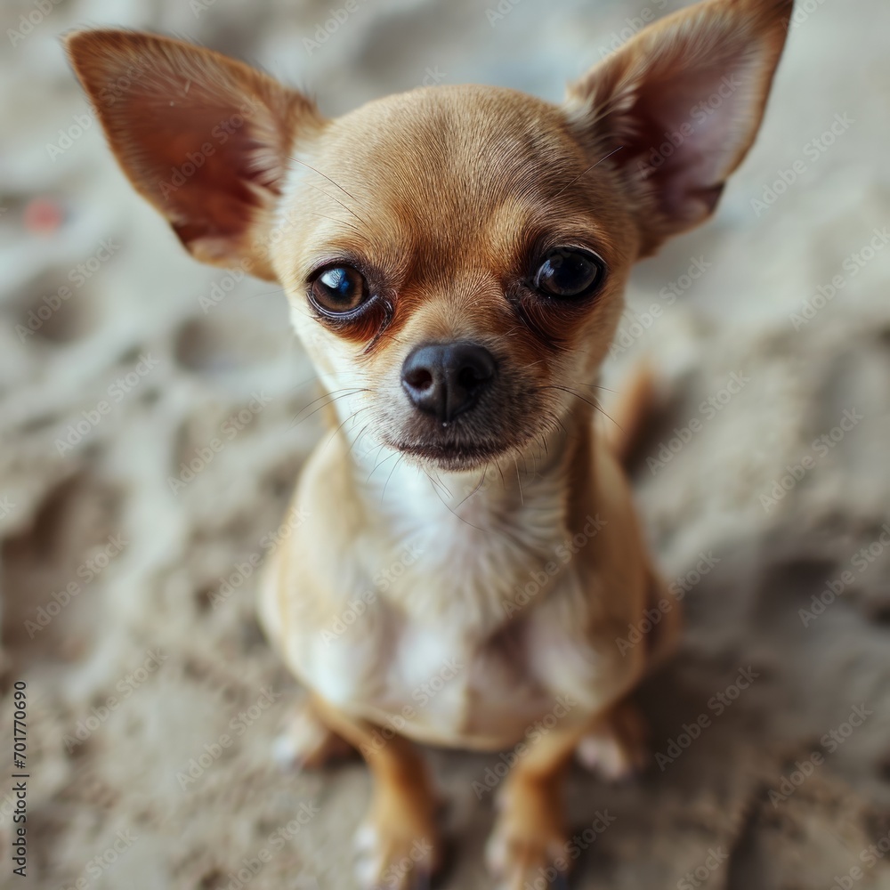 a small dog sitting on sand