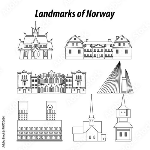 set of Norway famous landmarks by silhouette outline style,vector illustration