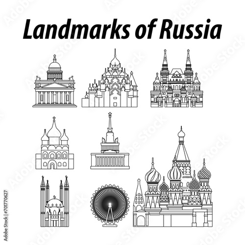 Bundle of Russia famous landmarks by silhouette outline style,vector illustration