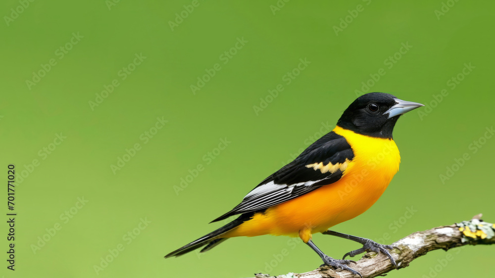 A black and yellow bird, possibly a royal bird or yellow creeper, is seen perched on a branch.