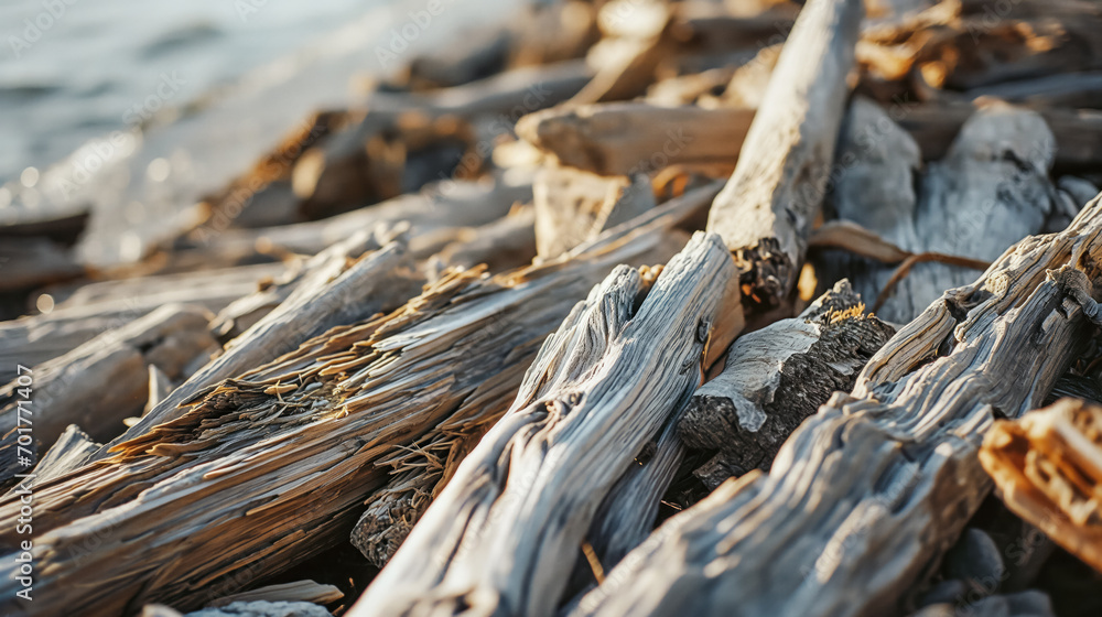Fototapeta premium A jumble of sun-bleached driftwood pile on a seashore.