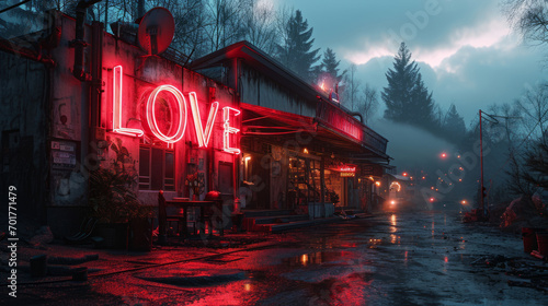 Large neon sign with the word LOVE on an old building. Glowing symbol of love. Lights of romance photo