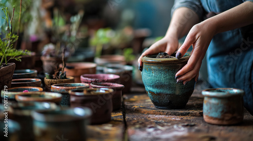 Hands potting plants in ceramic pots.