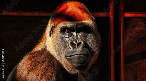 A grumpy gorilla, its gaze reminiscent of a primal ape, stares into the camera in a digital art animal photo. photo
