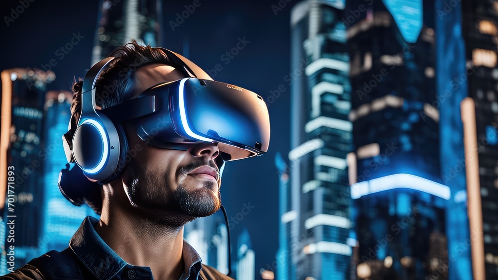 A guy in virtual reality glasses watches a goat in a virtual futuristic city A guy in virtual reality glasses watches a goat in a virtual futuristic city