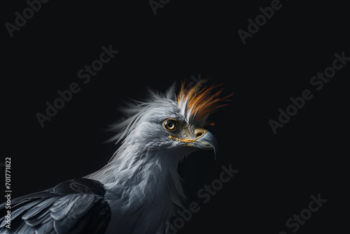 A digital art photo captures a bird, its feathers detailed, set against a black background, reminiscent of a phoenix.