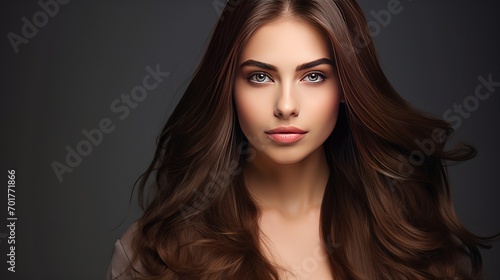 A portrait of a woman whose hair is long, straight, and brown in a studio setting.