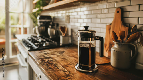 Stampa su tela Sunlight bathes a French press on a wooden countertop, evoking a warm, inviting morning coffee scene