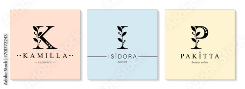 Bundle of Botanical Minimalistic Logos. Monogram of letters K, I, P. for business card