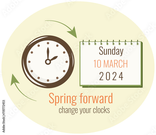 Daylight Saving Time concept on 10th March. Clocks moves ahead one hour. Spring Forward poster. Hand of alarm turning to summer time. Flat vector illustration of Springtime for web banner design.