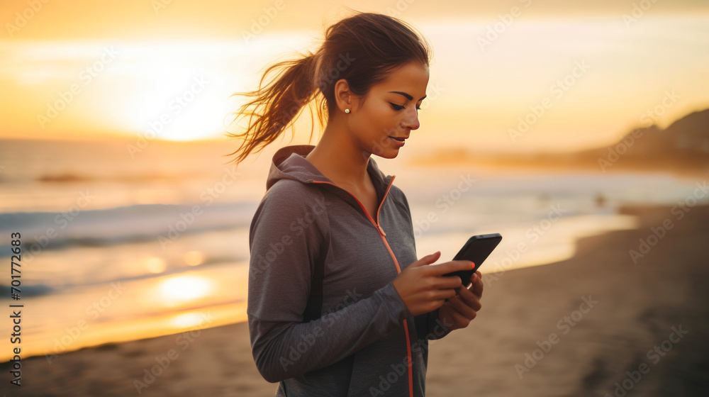 Naklejka premium Active lifestyle by the ocean: young woman using a smartphone to browse beach workouts
