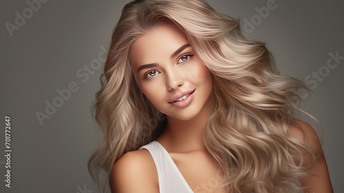 An image of a pretty model with long lush wavy deep blonde hair, smiling, and having her hair styled and makeup done.