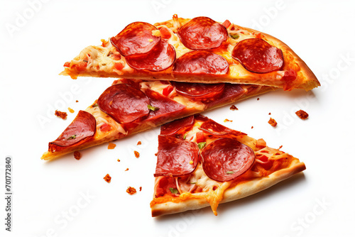 Hovering Pizza Slices with Toppings Pizza slices with cheese, pepperoni, and bell peppers, captured in a hovering state, Generative AI,