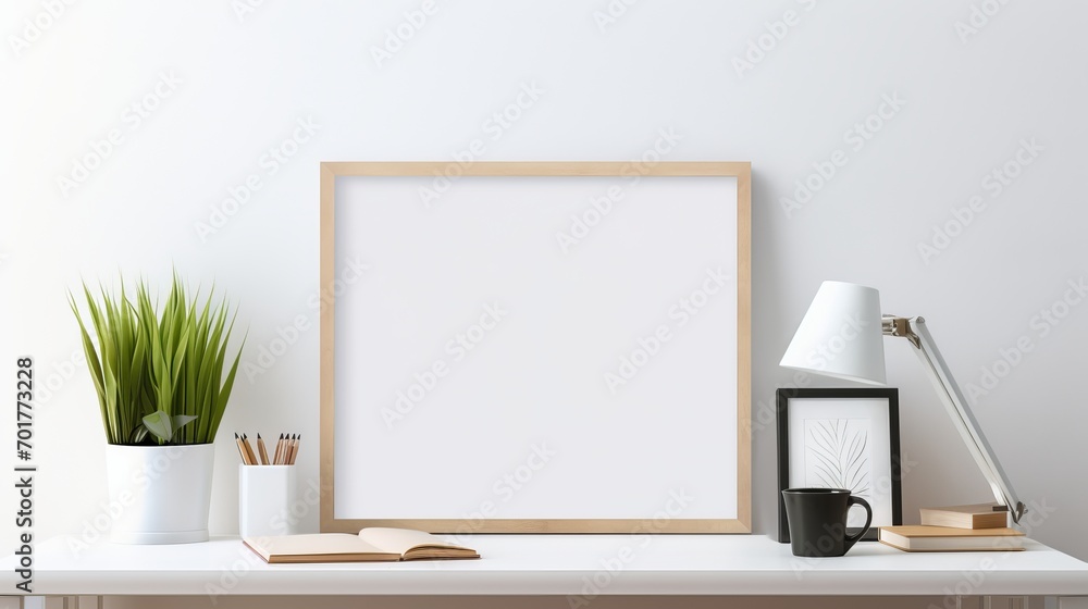 On a white table, there is a minimal workspace with picture frames, pencil holders, and books. On a white table, there is a minimal workspace with picture frames, pencil holders, and books.
