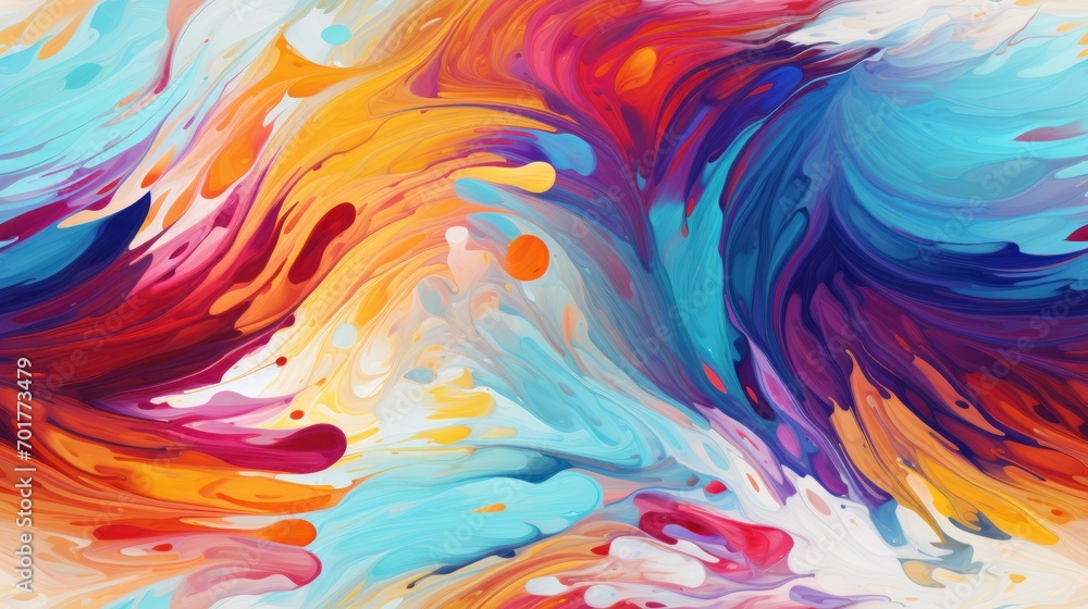  an abstract painting of multicolors on a white background with a blue, red, yellow, and orange swirl.