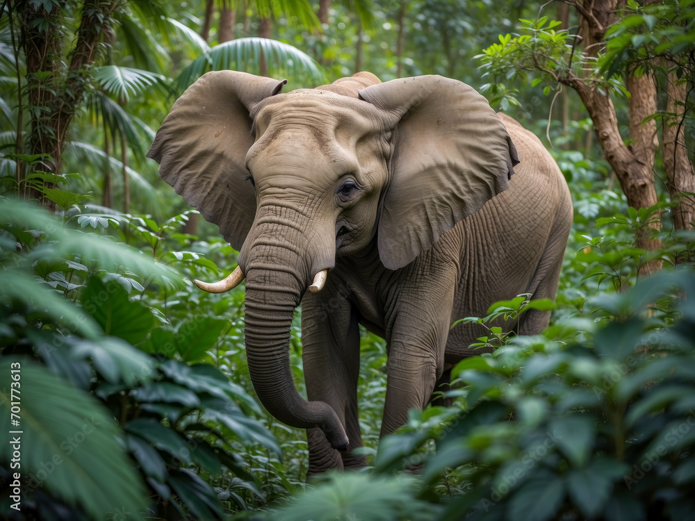 Fototapeta premium An African elephant gracefully moving through the lush jungle - wildlife photography