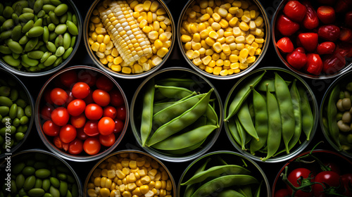 Different kinds of vegetables  such as corn peas