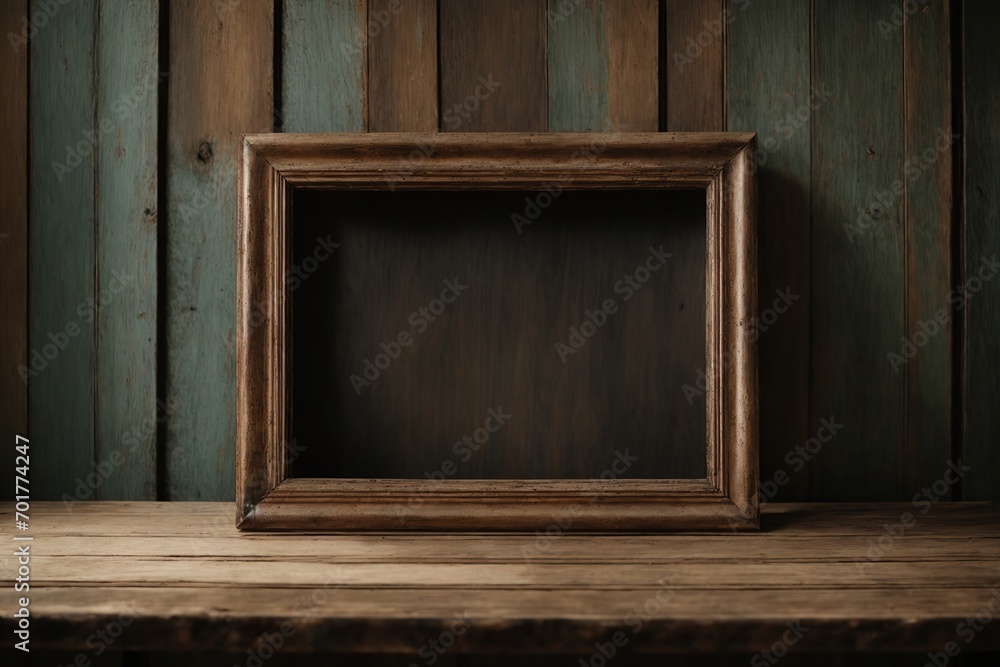 A blank frame, aged and weathered from years of use, stands tall on a rustic wooden table. Frame mockup Living room Interior mockup with house background classic interior design 3D render A blank frame, aged and weathered from years of use, stands tall on a rustic wooden table. Frame mockup Living room Interior mockup with house background classic interior design 3D render