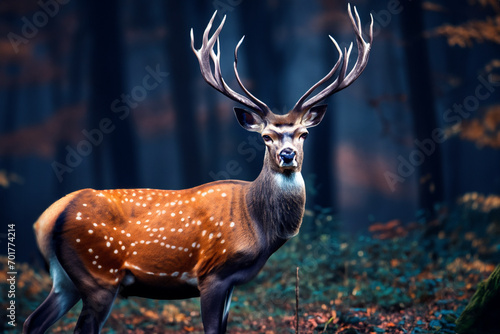 big deer. a spotted deer with large antlers came out of the forest, a dark forest in the background. wildlife concept © ibragimova