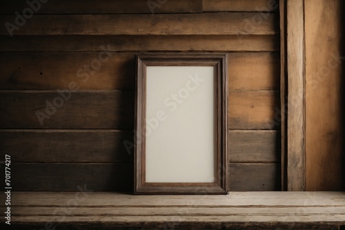 Frame mockup Living room Interior mockup with house background classic interior design 3D render A blank frame stands tall on a rustic wooden table, its edges weathered and worn from years of use.  © SR Production