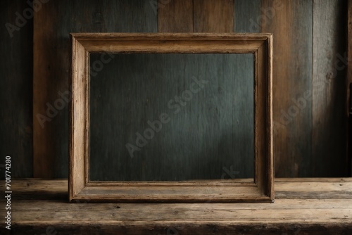 Frame mockup Living room Interior mockup with house background classic interior design  A rustic wooden table has a blank frame standing tall on it, its edges worn and aged from years of use. 