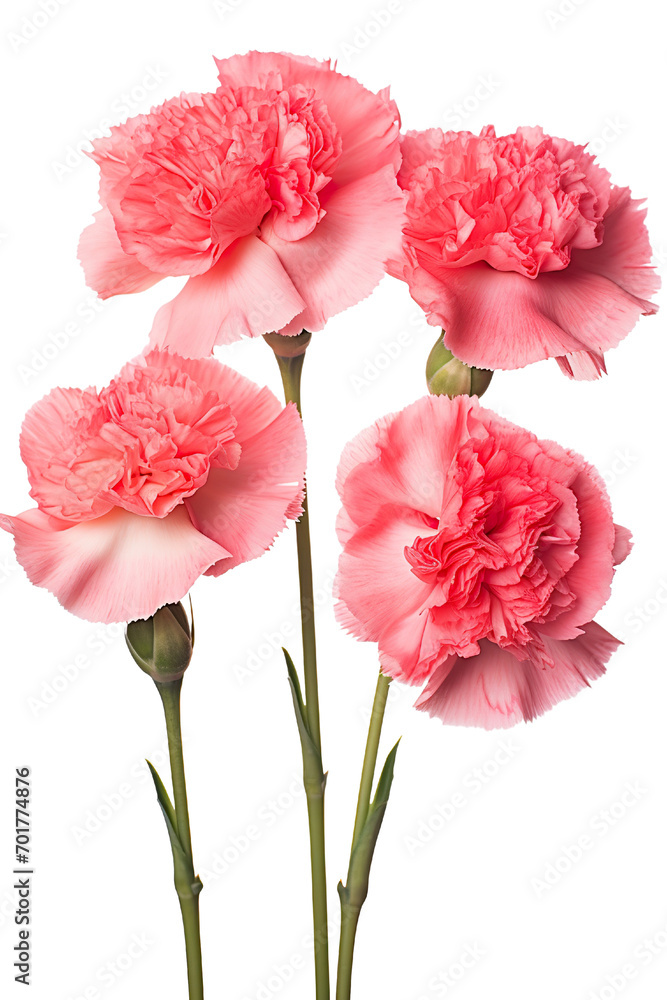 Top side closeup macro view of A collection two, three Carnation flowers isolated on white background Top side closeup macro view of A collection two, three Carnation flowers isolated on white background