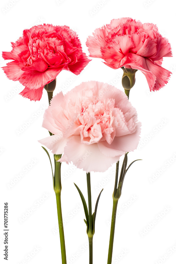 Top side closeup macro view of A collection two, three Carnation flowers isolated on white background Top side closeup macro view of A collection two, three Carnation flowers isolated on white background