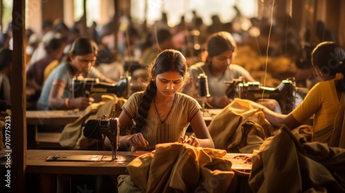 Young indian women work in the sewing / garment factory, photo documentary, concept: Child labor , 16:9